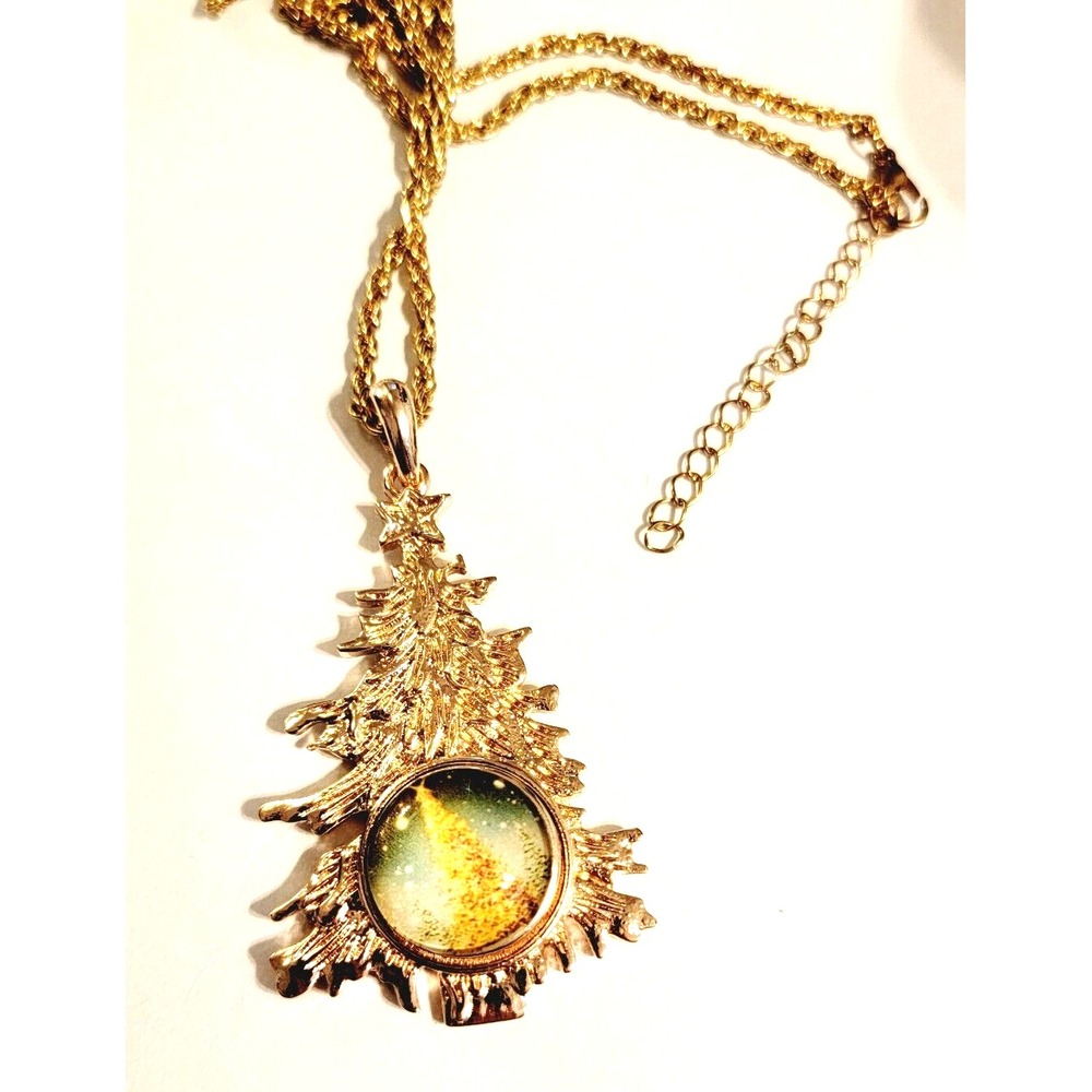 Christmas Tree Necklace Pendant, Shiny Gold-tone Festive Jewelry h-55